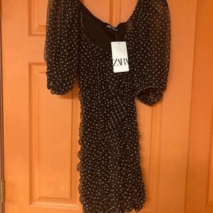 NWT Zara Black/White Polkadot Ruched Dress Sz XS
